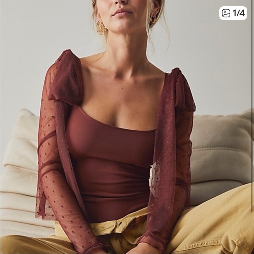 Free People Tongue Tied Bodysuit. Elegant Rose Festival Lace - Long Sleeve Top